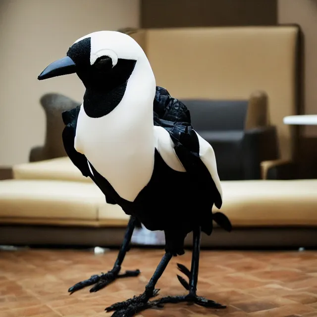 Prompt: a person wearing a fursuit of a magpie fursona, fursona, furry convention, hotel lobby, indoors, photograph, furry fandom, photorealistic,