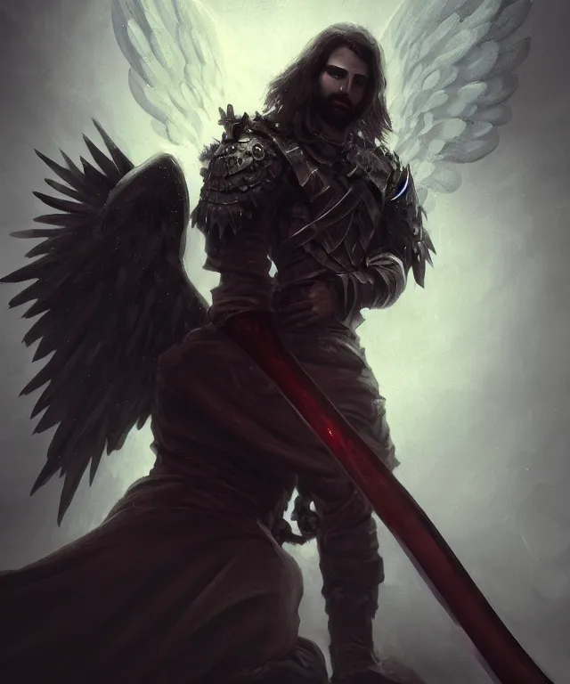 Image similar to dark blizzard art, portrait of fallen man angel kneeling with a sword and wings, bokeh. dark art masterpiece artstation. 8k, sharp high quality illustration in style of Jose Daniel Cabrera Pena and Leonid Kozienko, concept art by Tooth Wu