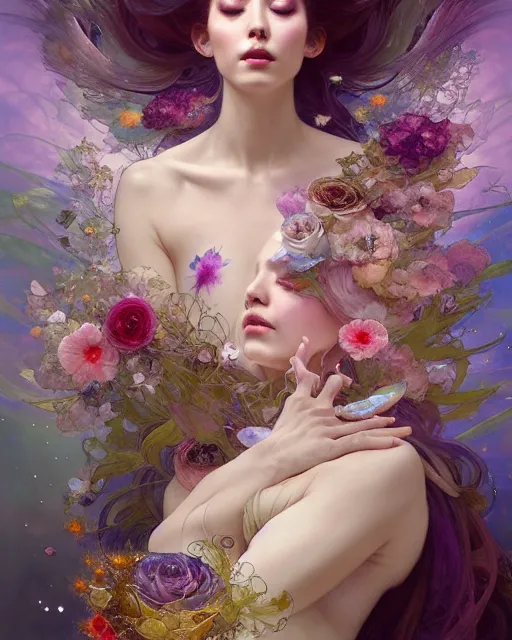 Prompt: Full View ultrarealistic Portrait ethereal fantasy deity wearing beautiful gown, flowers, spirituality, 4k digital masterpiece by Anna Dittman and Alberto Seveso Ruan Jia, rossdraws, artgerm and greg rutkowski and alphonse mucha and loish and WLOP, fantasycore, Hyperdetailed, realistic digital painting, atmospheric, fireflies, soft lighting, featured on Artstation