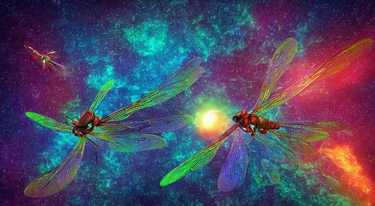 Prompt: a render a dragonfly flying through an astroid field, 8 k resolution, 4 k resolution, unreal engine render, octane render, alex grey, beeple, bang sangho, tomokazu matsuyama, unreal engine, high resolution render, featured on artstation, octane, 8 k, highly intricate details, vivid colors, vector illustration