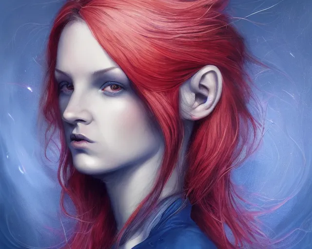 Image similar to A detailed matte oil on canvas head on symmetrical portrait of a distinguished elven woman with red and blue hair on an empty background, by Charlie bowater, Lise Deharme, Wlop, trending on artstationhd, dungeons and dragons art, parted hair , half blue, half red , split dye, critical role