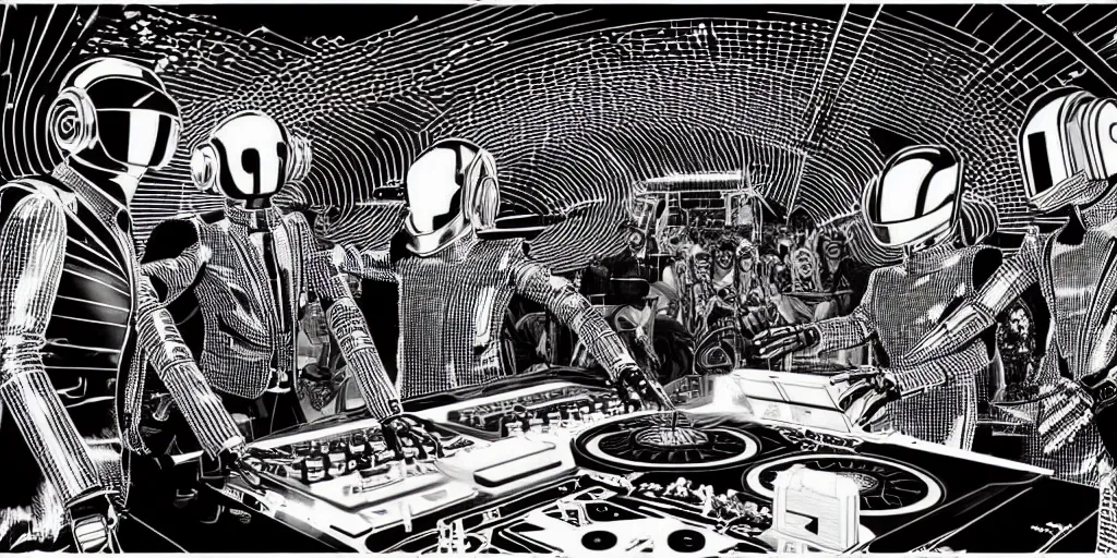 Image similar to intricate detailed artwork of 2 Daft Punk robot rock using dj controller at an underground warehouse rave in Ibiza, playing techno house music, thousands of beautiful girls in bikini dancing, in the style of Moebius, wires, speakers, black and white ink, some ink drips