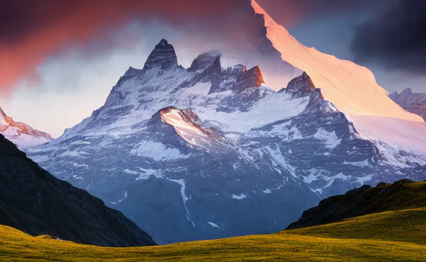 Image similar to a dramatic swiss alps landscape photo by ryan dyar, highly detailed, 8 k