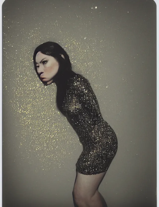 Image similar to conceptual polaroid photo with flash, portrait of a woman in glitter dress, polaroid photo strong lights, kodak film stock, hyper real, stunning moody cinematography, with anamorphic lenses, by maripol, detailed