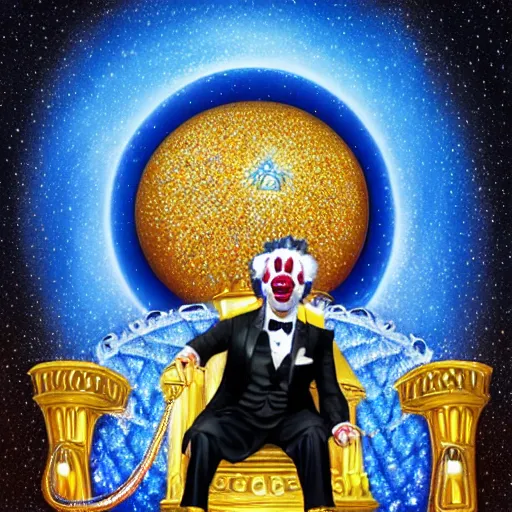 Image similar to shining giant throne made of millions of diamonds, gold and sapphires with thousands of light reflections, and a clown on a tuxedo suit is sitting on the throne while carrying an earth globe, dramatic light, digital painting, ultradetailed, artstation, oil painting