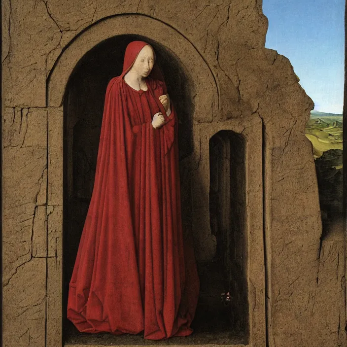 Image similar to a woman trapped in stone, by Jan van Eyck