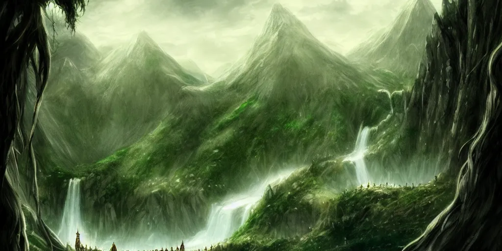 Image similar to lord of the ring. elegant, beautiful elf city. white stone elvish village. rivendell. mountains. beautiful forest. concept art. epic. cinematic. artstation.
