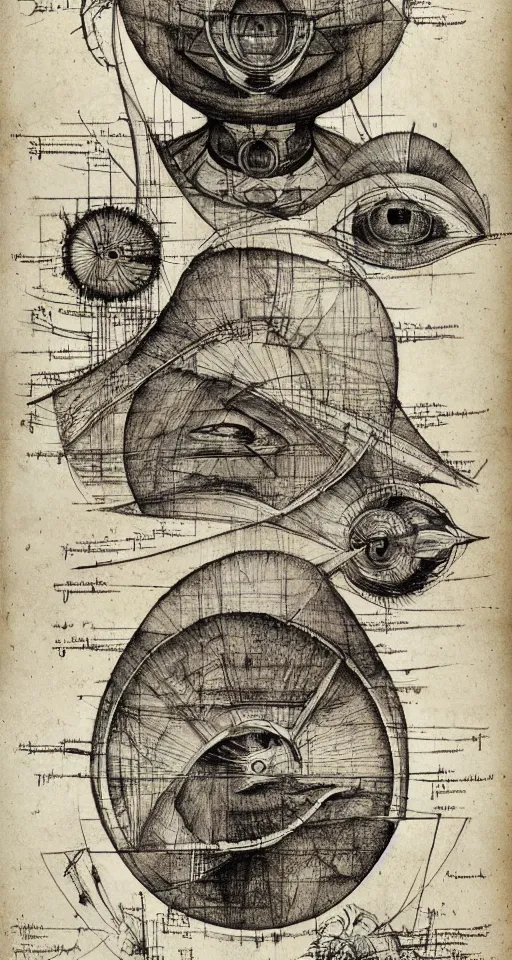 Image similar to a full page cad drawing by leonardo da vinci of a man moon, robotic eye, deconstructed, exploded view, flat, ink on paper, scientific, highly detailed labeling, measurements, schematics, super smooth lines, clean edges, smooth details, 8 k uhd, peter mohrbacher, moebius