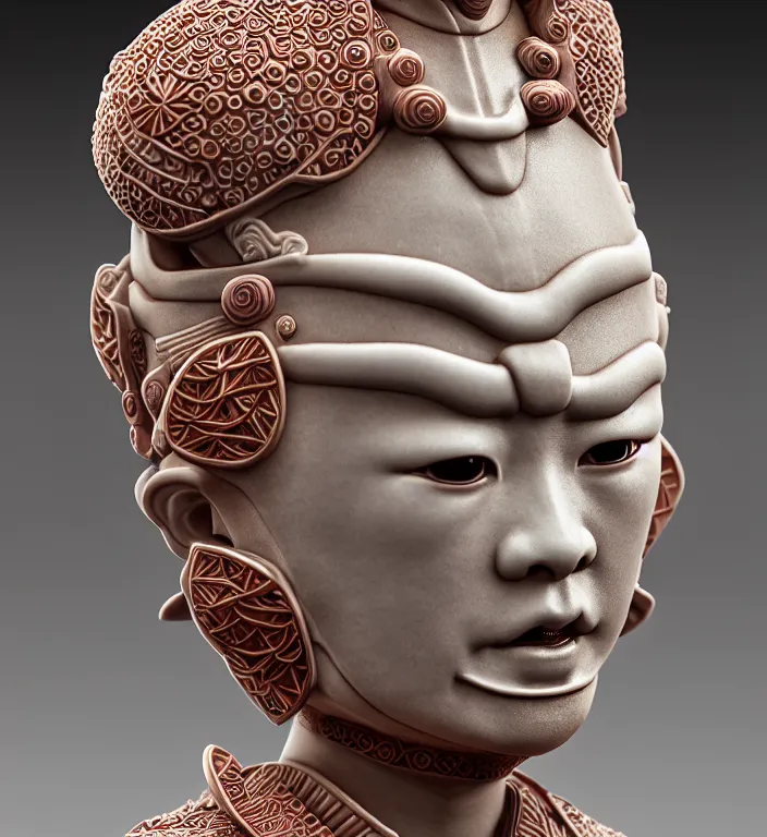 Prompt: Samurai, A Close up photo-real delicate ceramic porcelain sculpture of a symmetrical ornate detailed in front of an intricate background by Victo Ngai and takato yamamoto, micro detail, backlit lighting, face in focus, subsurface scattering, translucent, thin porcelain, octane renderer, colorful, physically based rendering, japanese pottery, trending on cgsociety