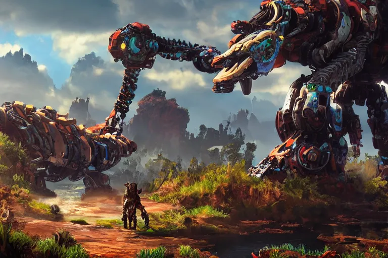 Image similar to clamberjaw machine mecha animal beast robot of horizon forbidden west horizon zero dawn bioluminiscence global illumination ray tracing hdr fanart arstation by sung choi and eric pfeiffer and gabriel garza and casper konefal