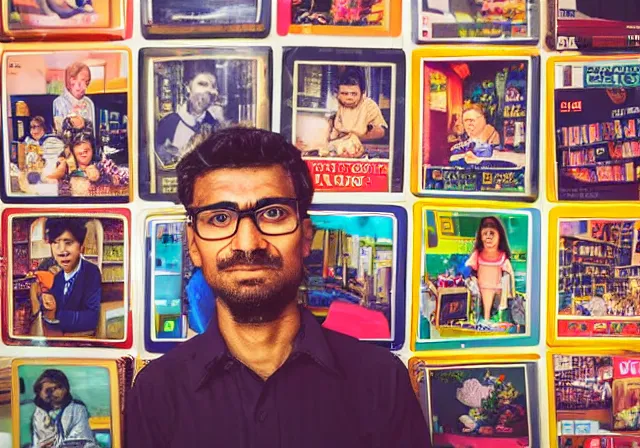 Image similar to home photography portrait, A shopkeeper guy of the SHOME and his family , floor, signboards , poster ; summer, Color VHS picture quality with mixed noise