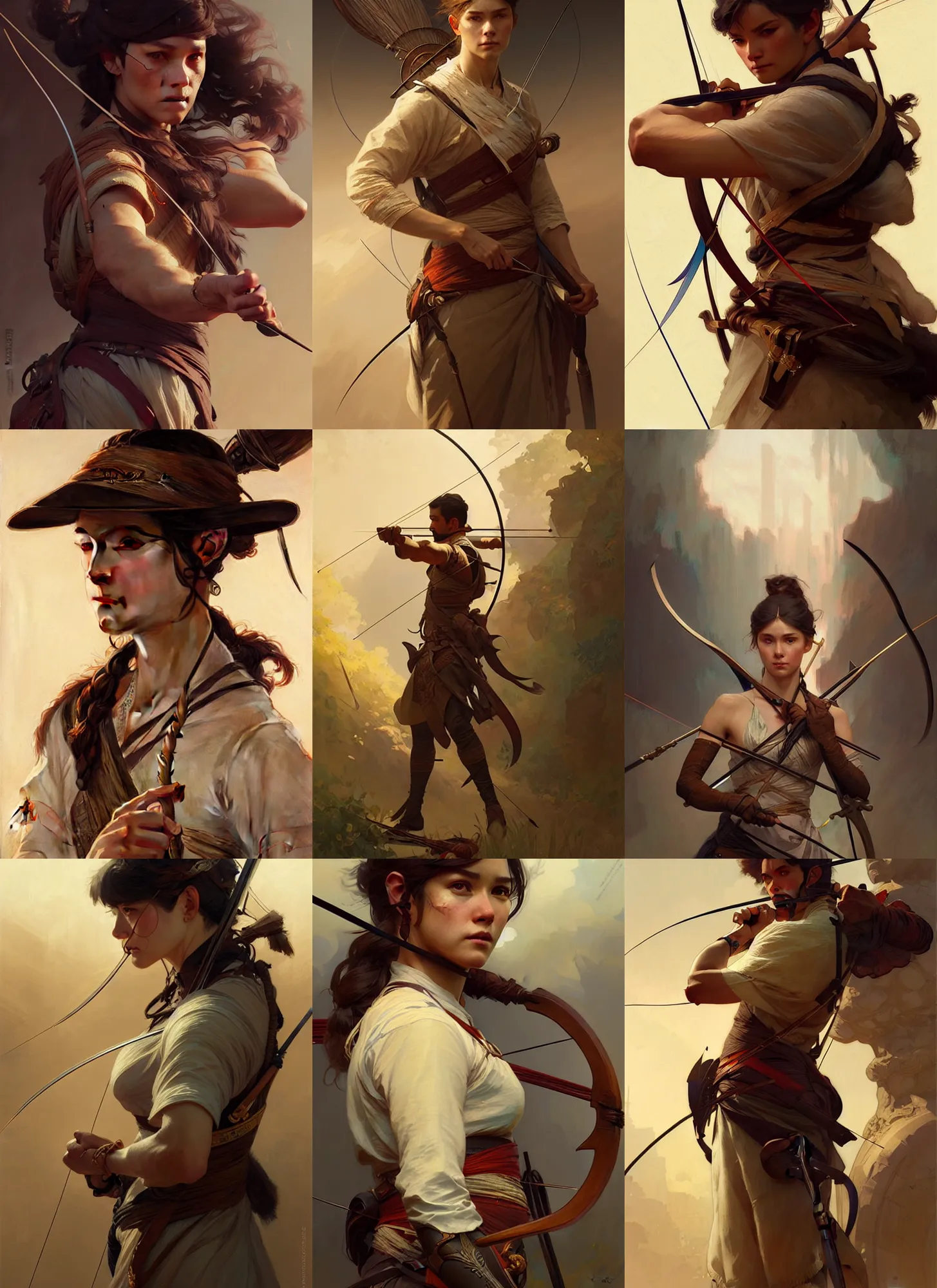 Prompt: portrait of an archer, sharp focus, illustration, highly detailed, digital painting, concept art, matte, art by wlop and artgerm and greg rutkowski and alphonse mucha, masterpiece