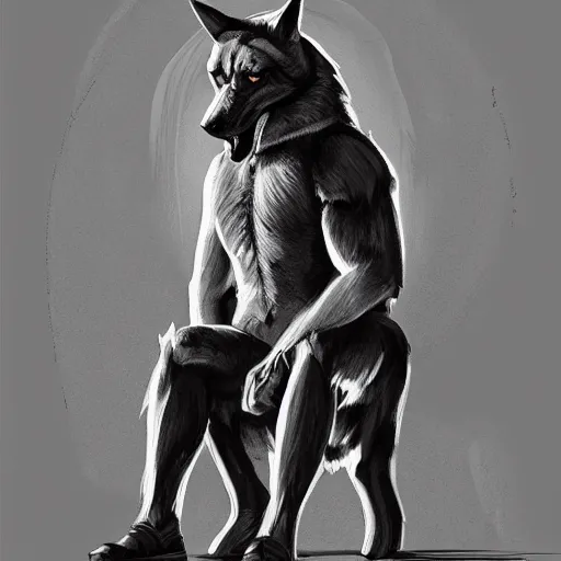 Image similar to a humanoid german shepherd beast - man, wearing gym suit, sitting on a couch, artstation, concept art, smooth, sharp foccus ilustration, artstation