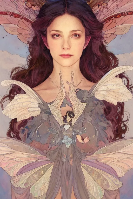 Prompt: portrait of a beautiful fairy with wings, headshot, symmetrical, elegant, regal, intricate, twilight background, highly detailed, digital painting, artstation, sharp focus, watercolor, muted color, complementary colors, art by artgerm, greg rutkowski and alphonse mucha