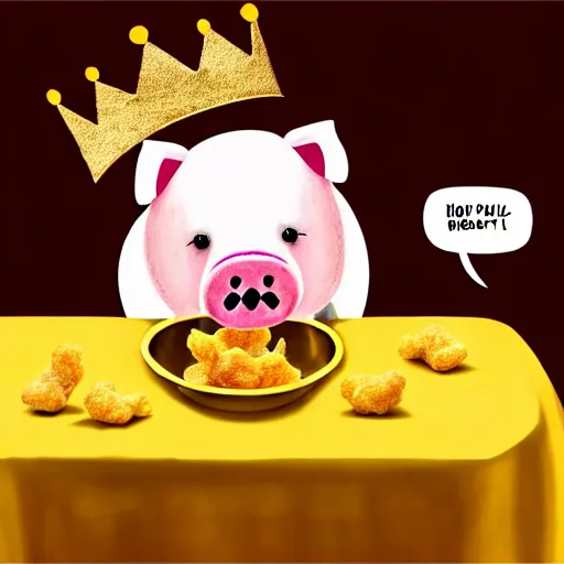 Prompt: realistic photo of a cute felt stuffed animal pig wearing a gold crown eating a bowl pork rinds and pickles at table with a bib on, high quality, cinematic concept art