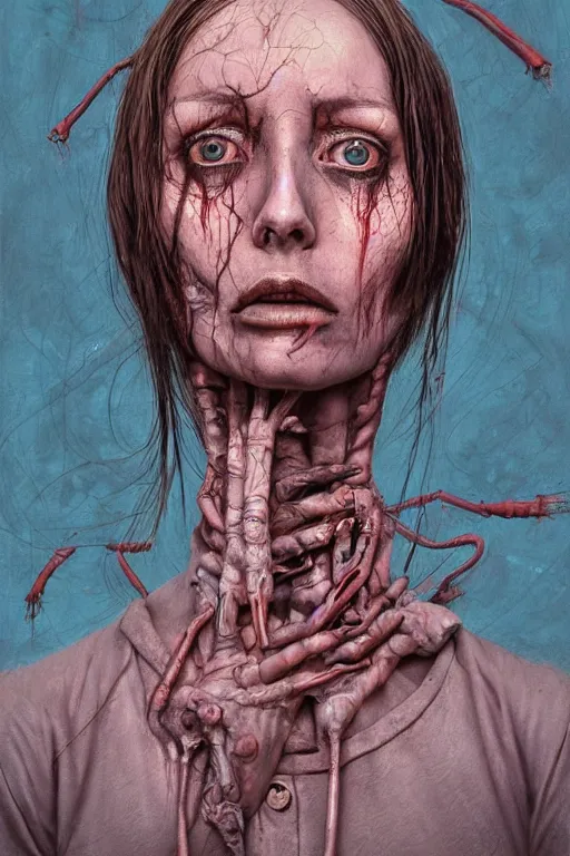 Image similar to surrealism crayon cartoon grunge portrait of a creepy horror nurse girl . intricate artwork. nightmare fuel. terrifying. by zdzisław Beksiński, wlop, dan mumford , trending on artstation, greg rutkowski very coherent symmetrical artwork. cinematic, hyper realism, high detail, octane render, 8k