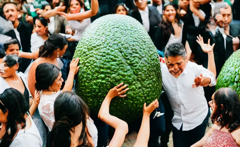 Image similar to a crowd of mexicans dancing around a giant avocado in a wedding,