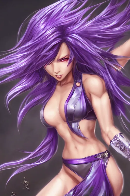 Prompt: a very beautiful mature raiden of genshin impact, full body, long wavy purple hair, purple eyes, full round face, bikini, miniskirt, front view, mid - shot, cute pose, highly detailed, cinematic wallpaper by stanley artgerm lau
