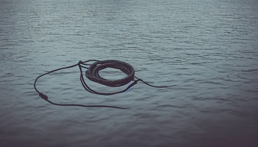 Image similar to photograph of a centered rope floating on the surface of the water, the rope is snaking towards the center of the lake, a dark lake on a cloudy day, anamorphic lens, kodak color film stock