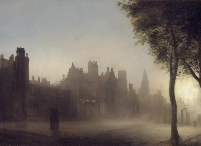 Prompt: 1 9 th century london, art by caspar david friedrich, thomas lawrence, john martin, dark, shady alleys, pub, pub sign, thick fog, coherent composition,