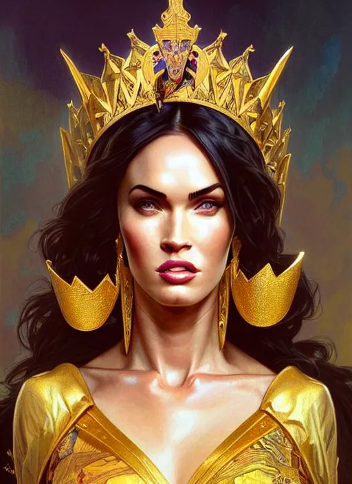 Prompt: portrait of megan fox as a queen, throne, jewelry, greek, yellow, intricate, headshot, highly detailed, digital painting, artstation, concept art, sharp focus, cinematic lighting, illustration, art by artgerm and greg rutkowski, alphonse mucha, cgsociety