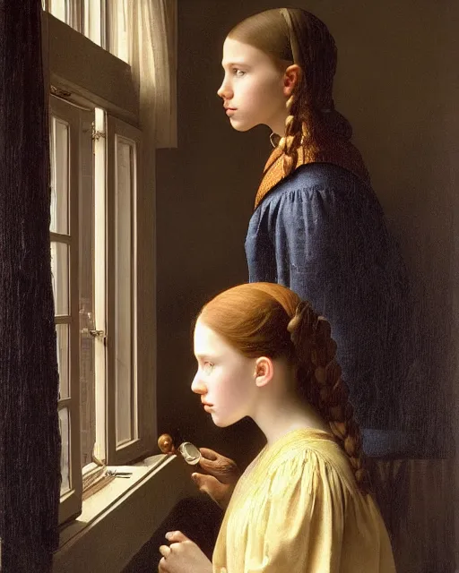 Image similar to a window - lit realistic portrait painting of a thoughtful girl resembling a young, shy, redheaded alicia vikander or millie bobby brown wearing peasant clothes by an open window, highly detailed, intricate, by vermeer, and william bouguereau