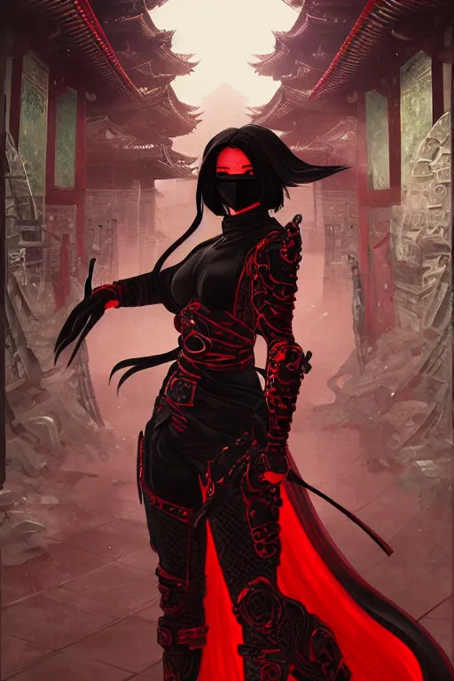 Image similar to portrait Ninja gaiden girl, armored black and red ninja wardrobe, in ruin japanese rainny temple night, ssci-fi and fantasy, intricate and very very beautiful and elegant, highly detailed, digital painting, artstation, concept art, smooth and sharp focus, illustration, art by tian zi and WLOP and alphonse mucha