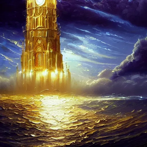 Prompt: a delicate ornate sparkling gold fantasy tower splashes upwards from a stormy ocean shimmering in the sunlight, dramatic lighting, rich colors, beautiful oil painting, artstation