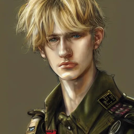 Prompt: portrait of a man by ayami kojima, polish, he is about 2 0 years old, blond hair with bangs, nervous but determined, he is wearing steampunk military fatigues, highly detailed portrait, digital painting, artstation, concept art, smooth, sharp foccus ilustration, artstation hq