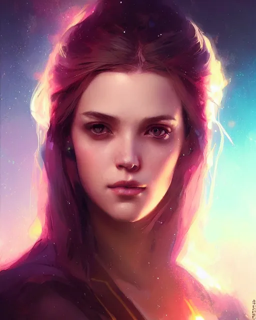 Prompt: beautiful girl portrait by greg rutkowski and charlie bowater, vivid, artgerm, aesthetic, fine details, colorful swirls, gaudy colors, luminescent, organic matte painting, realistic eyes, masterpiece, busy background, bokeh, depth of field