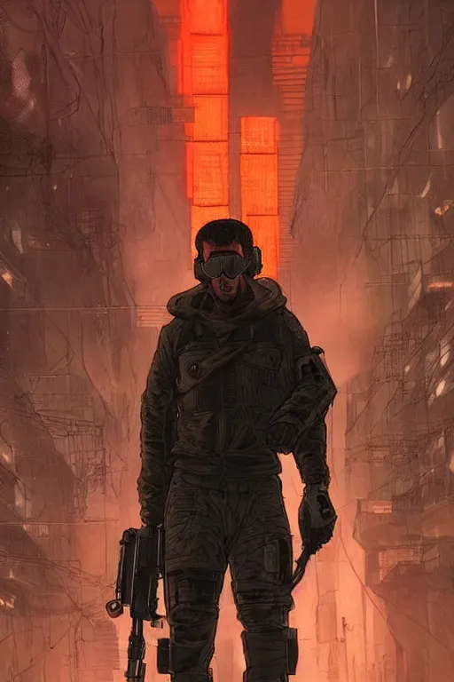 Image similar to Hector. Deadly blackops mercenary in tactical gear and cyberpunk headset. Blade Runner 2049. concept art by James Gurney and Mœbius.