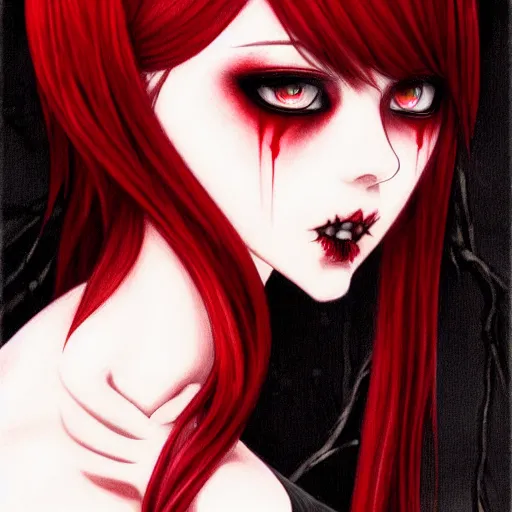 Image similar to beautiful seductive female vampire, draining blood from wrist, highly detailed, painting, dark red and black color palette, intricate, high quality, anime artstyle, in the style of sana takeda