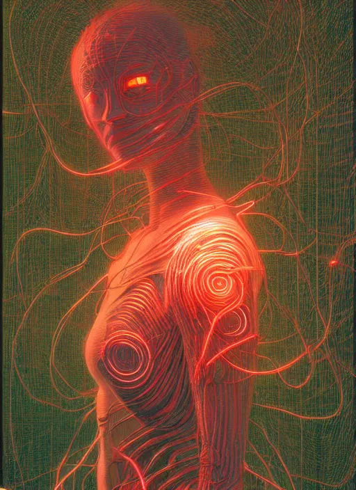 Image similar to woman, close-up, neon, they are watching, RGB, glowing wires everywhere, pristine, by Edgar Maxence and Ross Tran, Zdzisław Beksiński, and Michael Whelan, distant, gustav dore, H.R. Giger, 8k, octane render