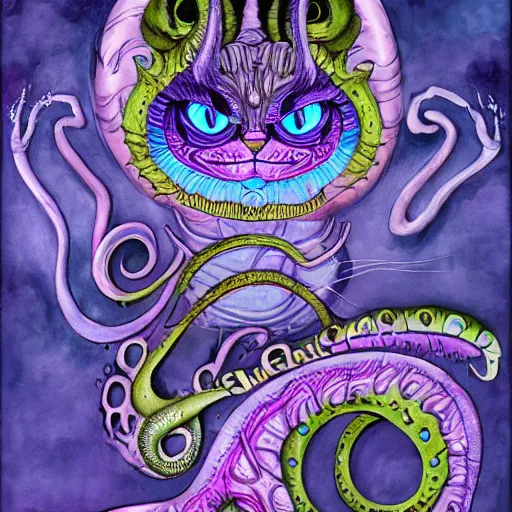 Prompt: The Cheshire Cat as a Lovecraftian Eldritch Horror by Louis Wain artstation unsplash contest winner