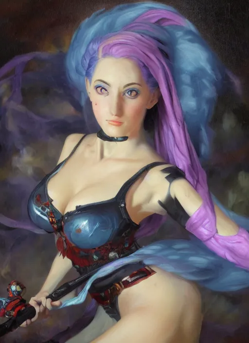 Image similar to oil painting of jinx league of legends in the style of sophie anderson,