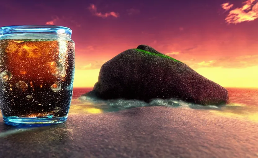 Image similar to a cubic cup of coca-cola with small gas bubbles on a rock near the sea at sunset, anime style, 8k hdr, hyperrealistic, highly detailed, high quality, high coherence, godrays, complementary colours, turbulent sea, path tracing, breathtaking landscape, cinematic lighting, concept art, trending on Artstation