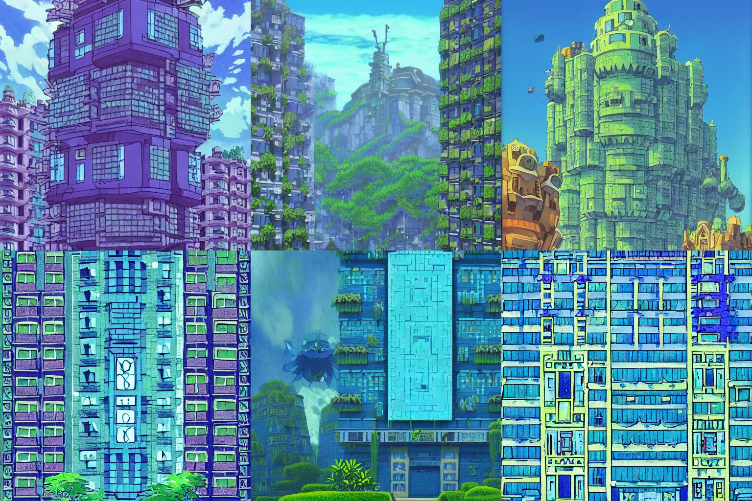 Prompt: A Huge Blue Tiled Apartment Building of Howl\'s Moving Castle Ghibli, by Vincent Di Fate Nausicaa, Ghibli, Breath of The Wild, epic composition, green plants