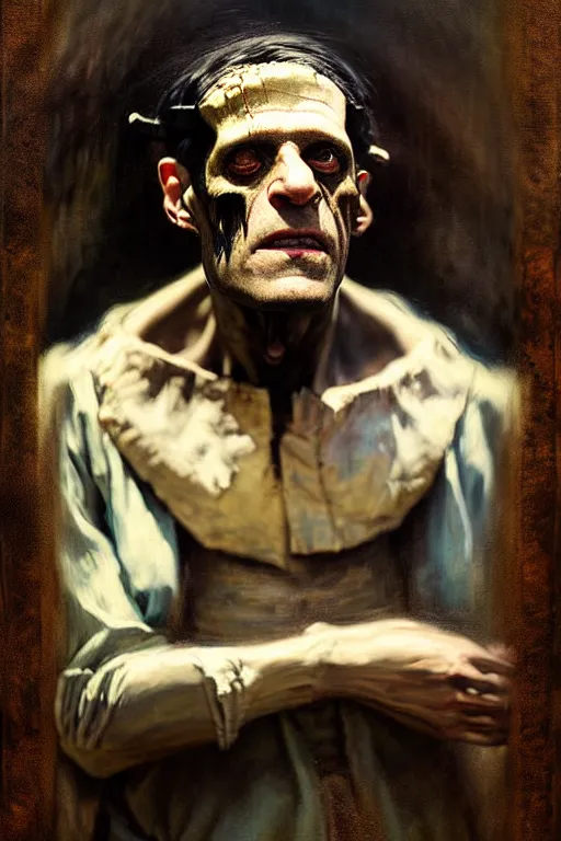 Image similar to photograph imax and solomon joseph solomon and richard schmid and jeremy lipking victorian loose genre loose painting full length portrait painting of frankenstein