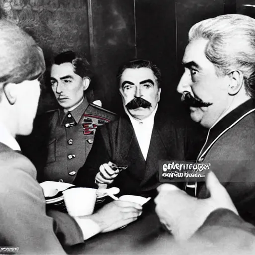 Image similar to joseph stalin eating at mcdonald's, press photo, caught off guard, surprised, paparazzi