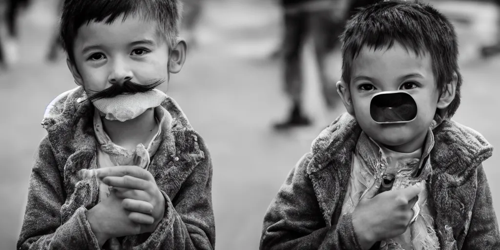 Prompt: little kid with long beautiful mustache, 5 0 mm