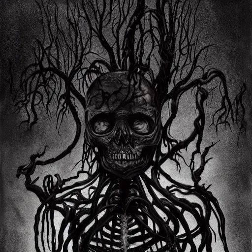 Prompt: award - winning painting of a skeleton infested with pitch black, tar - like, shadow roots with lots of tendrils on the skin, black veins, intricate detail, deep black roots, infestation, shadowy, lovecraftian, beksinksi, black and white, chiaroscuro, full body shot