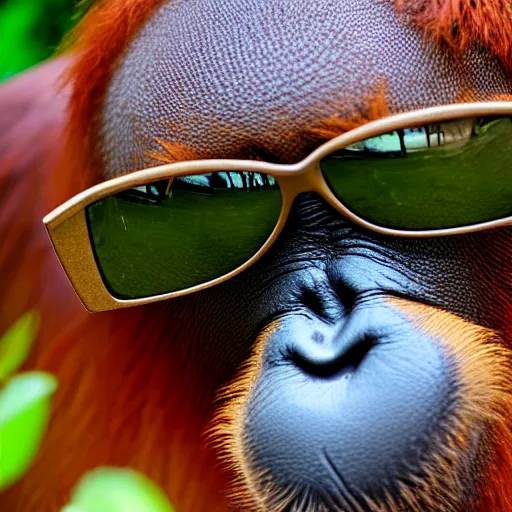Prompt: orangutan wearing cool dark sun glasses, ultra wide lens picture, photo taken from far, high quality, detailed picture, leica noctilux