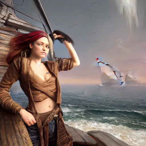 Image similar to hyperrealistic mixed media high resolution image of a female pirate, stunning 3d render inspired art by István Sándorfi and Greg Rutkowski and Unreal Engine, perfect symmetry, dim volumetric lighting, 8k octane beautifully detailed render, post-processing, extremely hyper-detailed, intricate, epic composition, highly detailed attributes, highly detailed atmosphere, full body shot, cinematic lighting, masterpiece, trending on artstation, very very detailed, masterpiece, stunning, flawless structure, lifelike texture, perfection,