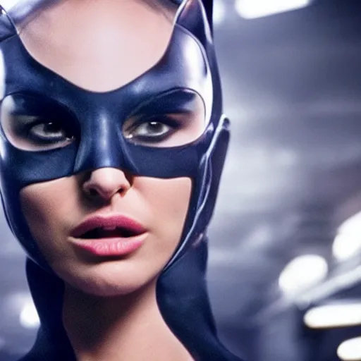 Image similar to stunning awe inspiring natalie portman playing catwoman, movie still 8 k hdr atmospheric lighting