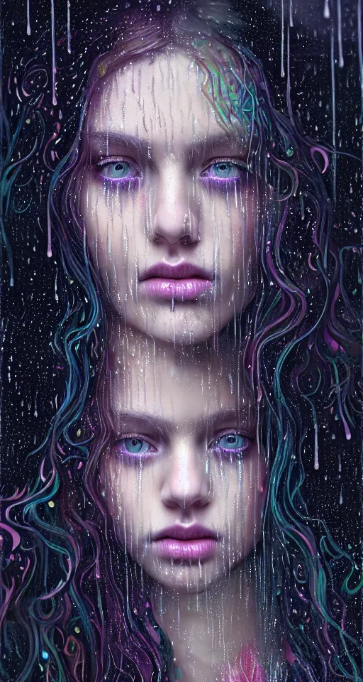 Image similar to portrait of a girl in psychedelic LSD rain with wet hair and face, fantasy, intricate, elegant, dramatic lighting, emotionally evoking symbolic metaphor, highly detailed, lifelike, photorealistic, digital painting, artstation, concept art, smooth, sharp focus, illustration, art by John Collier and Albert Aublet and Krenz Cushart and Artem Demura and Alphonse Mucha