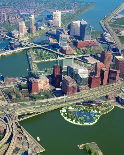 Prompt: Cleveland Ohio as a green energy futuristic megalopolis with 100 million people, beautiful parks, futuristic train and transportation systems