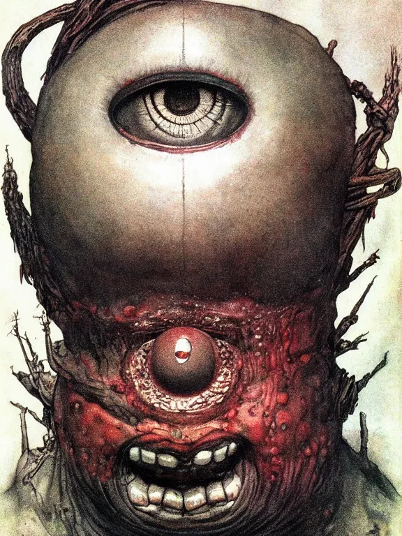 Image similar to one-eyed single-eyed red-skinned Cyclops Polyphemus concept art with one huge eye. Extremely high detail, details, realistic, solo, masterpiece, colorful, art by Arthur Rackham, Muzinabu, Johann Tischbein, Zdzisław Beksiński