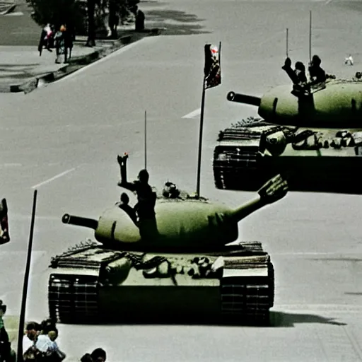 Prompt: reinterpretation of the photo titled tank man by jeff widener,