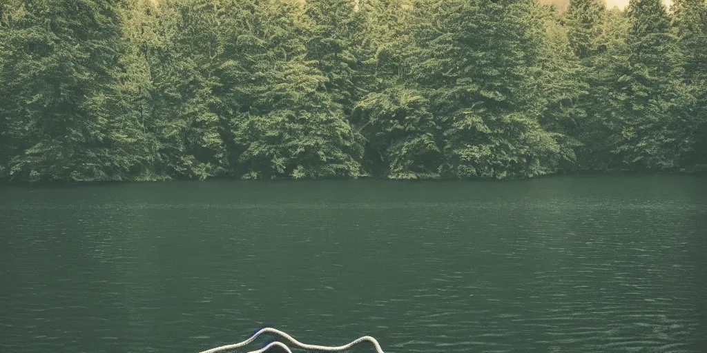 Image similar to symmetrical photograph of a very long rope on the surface of the water, the rope is snaking from the foreground towards the center of the lake, a dark lake on a cloudy day, trees in the background, moody scene, dreamy kodak color stock, anamorphic lens