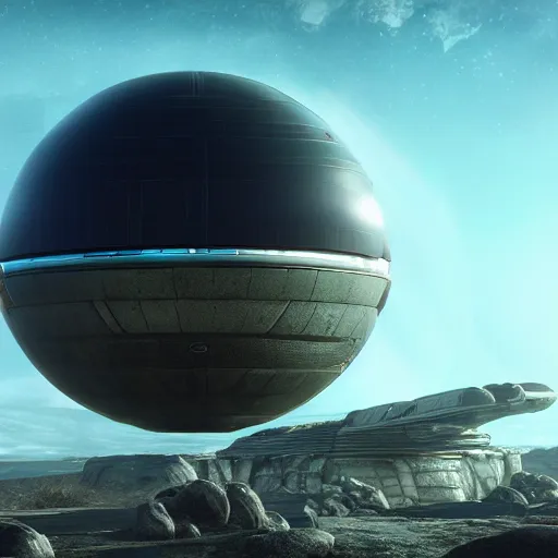 Image similar to super wide angle cinematic shot of alien sphere spacecraft, unreal engine